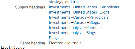 This are the subject headings for Capitalist Adventures